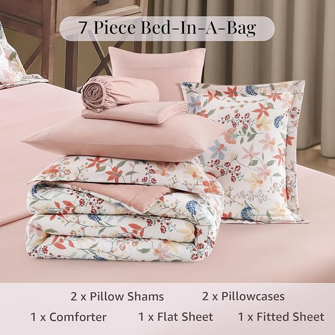 Full Size Comforter Sets - 7 Pieces Floral Bed in a Bag Full Bedding Set | Clay Pink Botanical Flowers Comforter Set with Sheets, Pillowcases & Shams for All Seasons