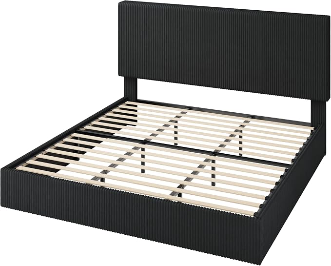 Allewie King Bed Frame, Adjustable Corduroy Headboard, Platform, Black | Adjustable Headboard, Corduroy Fabric, Low Profile, Wooden Slats, 1000 lb Capacity, No Box Spring Needed