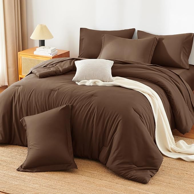HIMEET Full Comforter Set, 7-Piece Point-Quilted Bed in a Bag, Brown | OEKO-TEX Certified, Lightweight 240 GSM Comforter, Flat Sheet, 14-Inch Deep-Pocket Fitted Sheet, Pillowcases & Shams