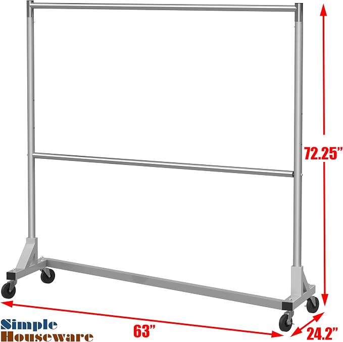 Simple Houseware Commercial Grade Z-Base Double Rod Garment Rack, Silver | 600Lb Load with 63" Extra Long Bar, Adjustable Middle Bar