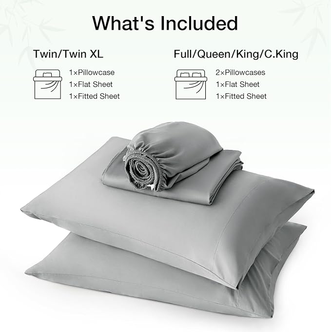 Love's cabin 4 Piece Queen Sheet Set, 100% Rayon Derived from Bamboo, Cooling & Breathable, Soft Silky Deep Pocket up to 16", Hotel Luxury Bedding for Hot Sleepers, Light Grey