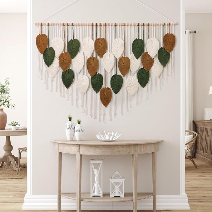 Large Macrame Wall Hanging Boho Woven Tapestry Chic Home Decor Wall Art | KHOYIME Modern Bohemian Handmade Leaf Feather Decorations for Apartment Living Room Bedroom Nursery Backdrop 51.5"W X 33.5"L
