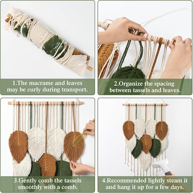 Macrame Wall Hanging Leaves Woven Tapestry Boho Chic Modern Home Decoration | KHOYIME Bohemian Handmade Leaf Feather Wall Art Decor for Apartment Dorm Living Room Bedroom Nursery Backdrop 16.5"W x 29.5"L