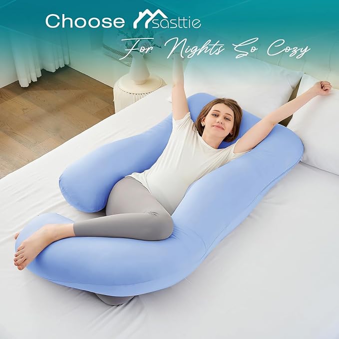 Cooling Pregnancy Pillows for Sleeping, 65'' Full Body Pillow, Light Blue | Sasttie Maternity Pillow, OEKO-TEX, Down Alternative, Removable Cover, Pregnant Women Must Haves, Maternity Essential