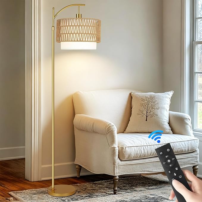 Gold Floor Lamps for Living Room Rattan Boho Floor Lamp with Remote Control & 3 Color Temperature, Dimmable Arc Floor Lamps Wicker Lamp Shades Brass Standing Lamp Tall Floor Lamp For Bedroom Corner