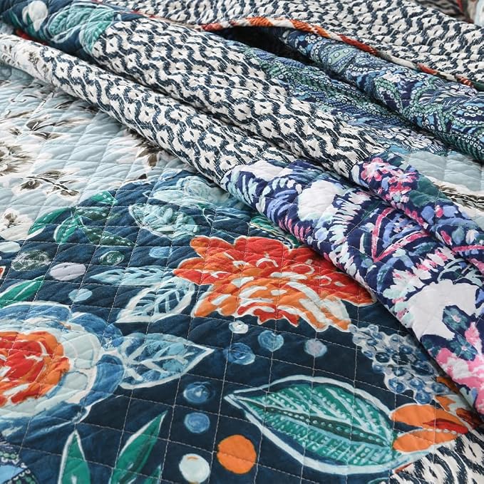 VISIMISI Cotton Bedspread Quilt Bedding Sets Reversible Coverlet Sets 3 Pieces Vintage Floral Blue Teal Patchwork Bedspread, King Size