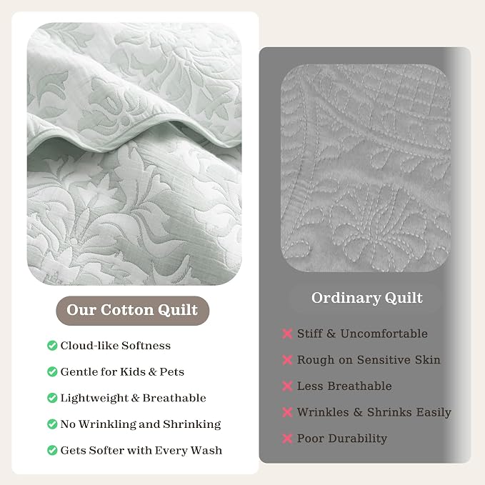 Exclusivo Mezcla Cotton Quilts Twin Size Sage Green | Soft Lightweight Bedspread, Breathable Prewashed Yarn Dyed Muslin, All Season Bedding Set, Boho Coverlet With 1 Pillow Sham