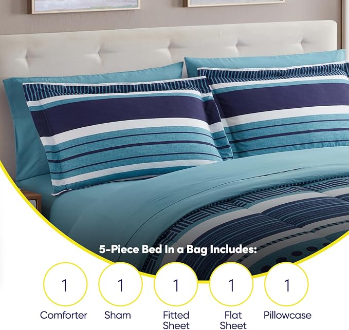 Sweet Home Collection 7 Piece Comforter Set Bag Solid Color All Season Soft Down Alternative Blanket & Luxurious Microfiber Bed Sheets, Marino, Twin