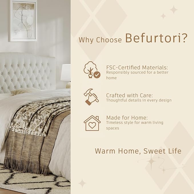 King Headboard Only, Linen Classic Tufted Design, Ivory | 2 installation options: 1.bed frame mount 2.wall mount (for adjustable bed), Classic hand-tufted headboard king size