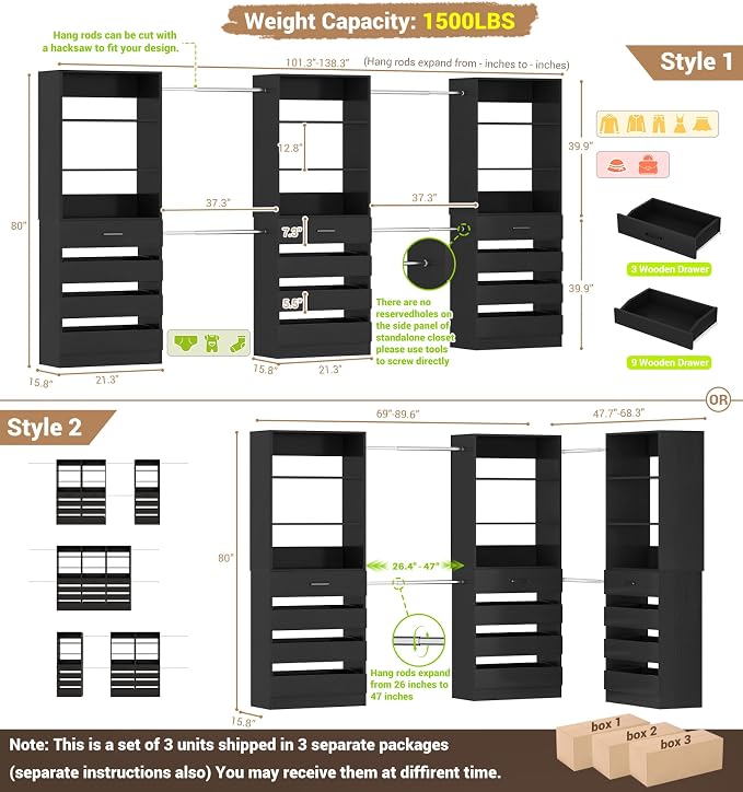 Aheaplus Closet System with 12 Drawers, 8.5-11.5Ft Wood Closet Organizer | Black Closet Storage with 4 Hanging Rods & 3 Towers, 4Ft & 6Ft L-Shaped Walk-in Closets Wardrobe Organizer, Set of 3