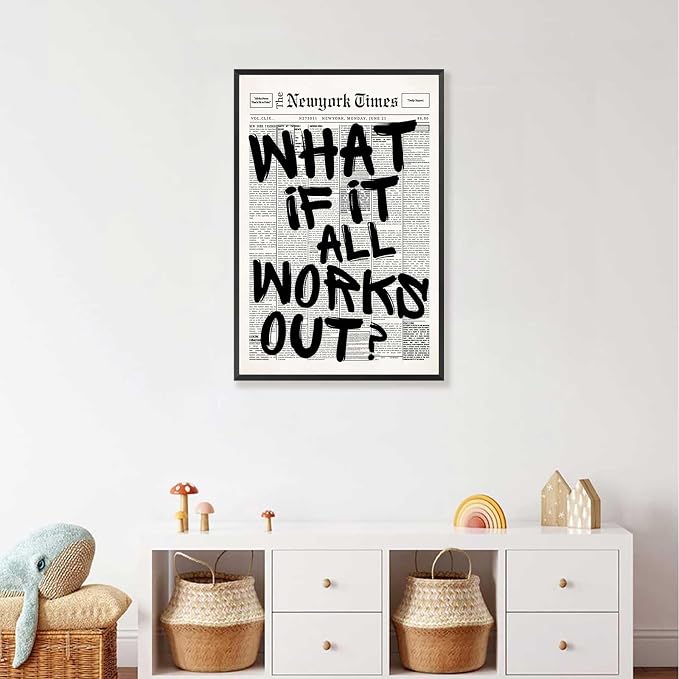 Retro Black And White Newspaper Poster What If It All Works Out Canvas Wall Art Positive Affirming Quote Minimalist Prints Painting For Home Bedroom Dorm Wall Decor 16x24in Framed