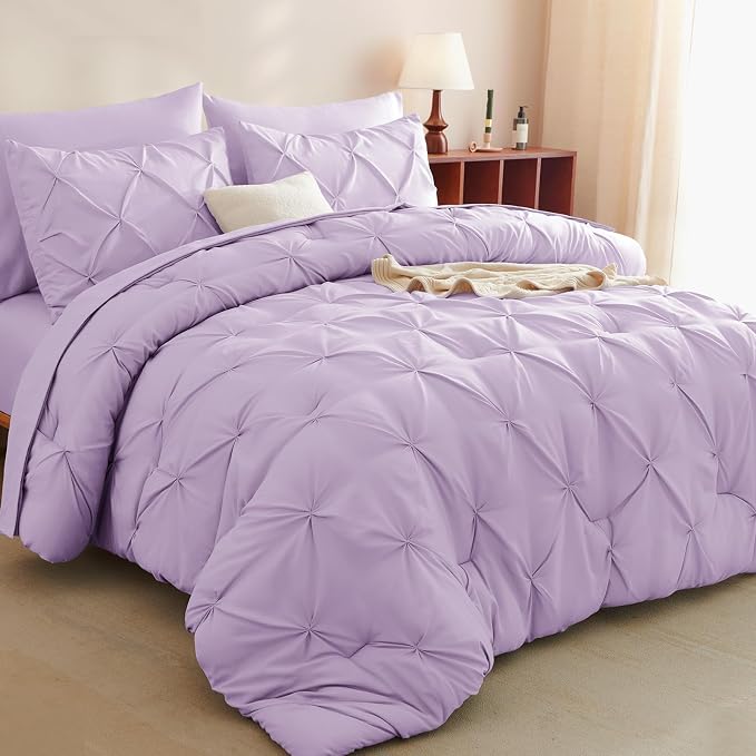 HIMEET Queen Comforter Set Lavender - 7 Pieces Pintuck Bed in a Bag | OEKO-TEX Certified, 240GSM Down Alternative Comforter, 14" Deep Pocket Fitted Sheet + Flat Sheet + 2 Pillowcases + 2 Shams