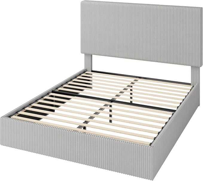 Allewie Queen Bed Frame, Adjustable Corduroy Headboard, Platform, Grey | Adjustable Headboard, Corduroy Fabric, Low Profile, Wooden Slats, 900 lb Capacity, No Box Spring Needed