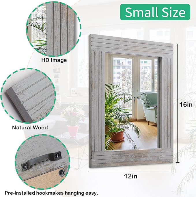 Rustic Wall Mirror Farmhouse, with Frame Wood Wall Mirror Rectangle Antique Decor Hanging Mirror for Bathroom Living Room Bedroom Entryway Small 16" x 12 "