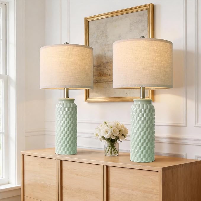 USumkky 24" Modern Ceramic Green Bedside Lamp Set of 2 Table Lamp for Bedroom Decor Farmhouse Table Lamp for Living Room Office Dorm