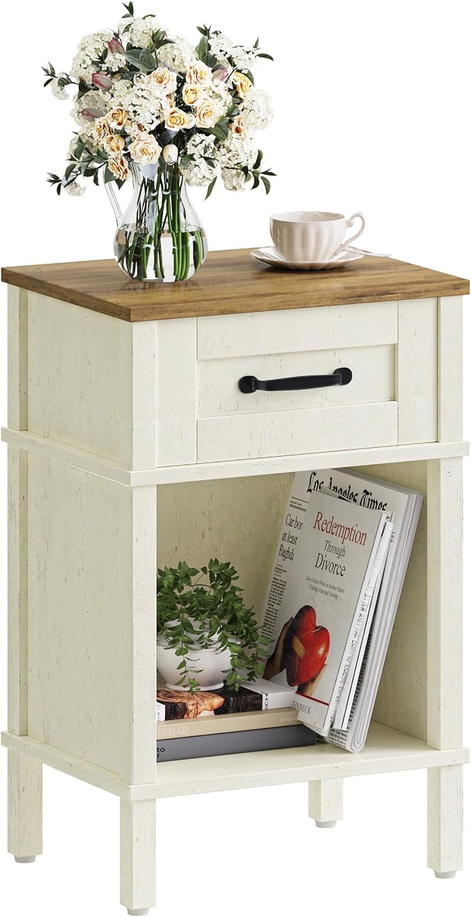 White Farmhouse Nightstands, Nightstand with Drawers, Small Bedside Table | Modern Bedroom Nightstand, Farmhouse End Table,White Wood Night Stand,Side Table Bedroom,End Table with Storage LET512WR
