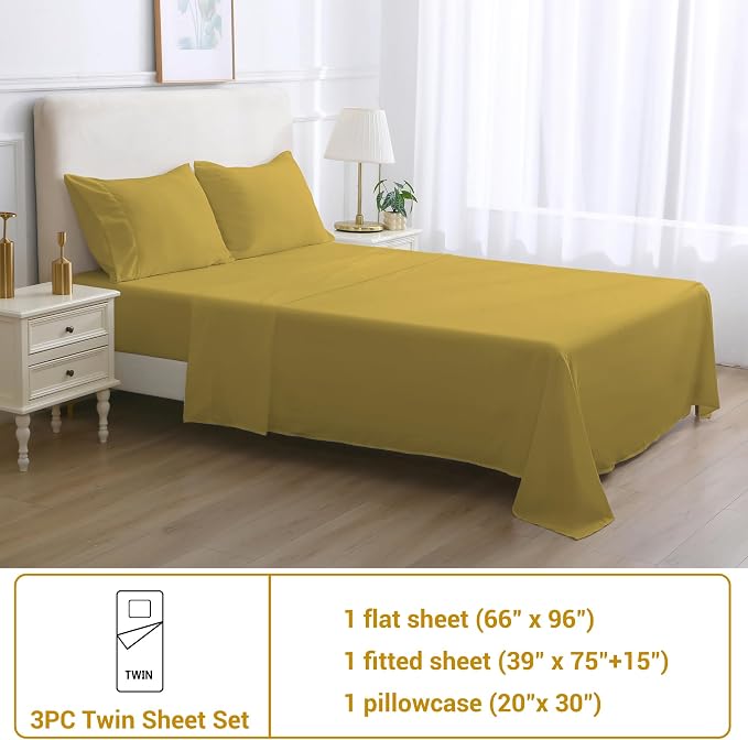 Softan Microfiber Twin Sheet Set with Non-Slip Straps, Mustard Yellow | 15" Deep Pocket Fitted Bed Sheets, Double Brushed Microfiber, Cozy Sheets & Pillowcase for All Season