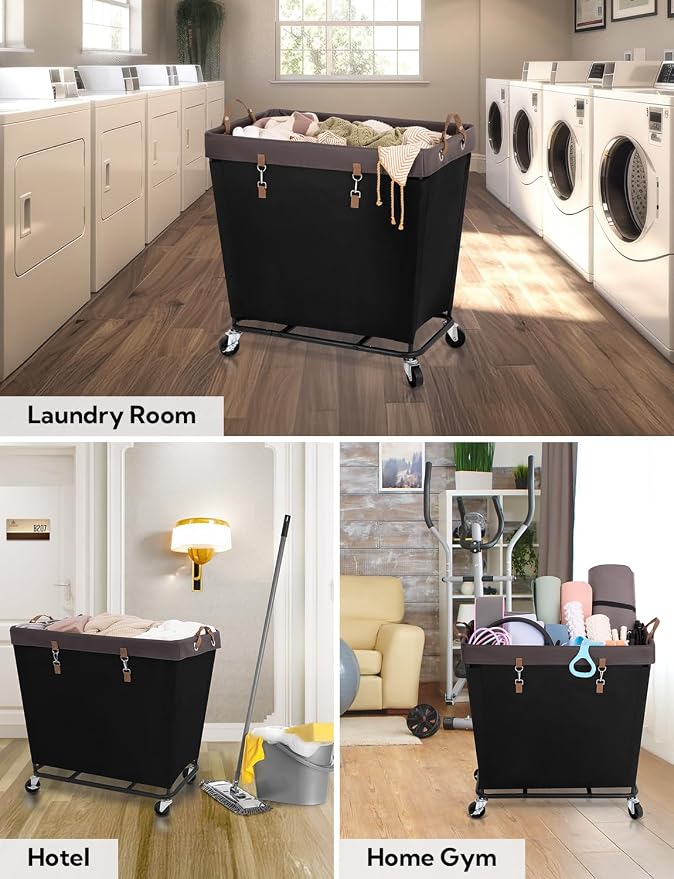 StorageWorks 320L Laundry Basket with Wheels, Rolling Hampers for Clothing | Extra Large Black Laundry Basket with Wheels, Metal Frame & Handles, Hamper for Bedroom, Bathroom, Hotel
