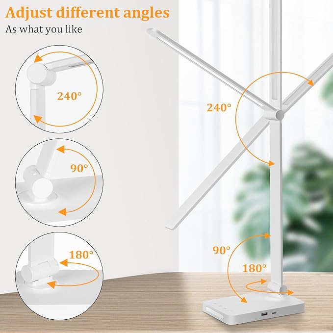 LED Desk Lamp with USB Ports,Touch Desk Lamps for Home Office with 5 Modes | 3 Brightness Desk Light with Small Night Light,Reading Lamp Table Lamp for Bedroom Bedside Study White (with adapter)