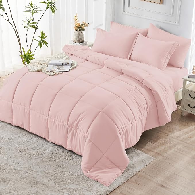JOLLYVOGUE King Comforter Set, Ultra-Soft Bed in a Bag King Size 7 Pieces, Oeko-TEX Certified Bedding Set with Down Alternative Comforter, Sheets, Pillowcases & Shams, Blush Pink