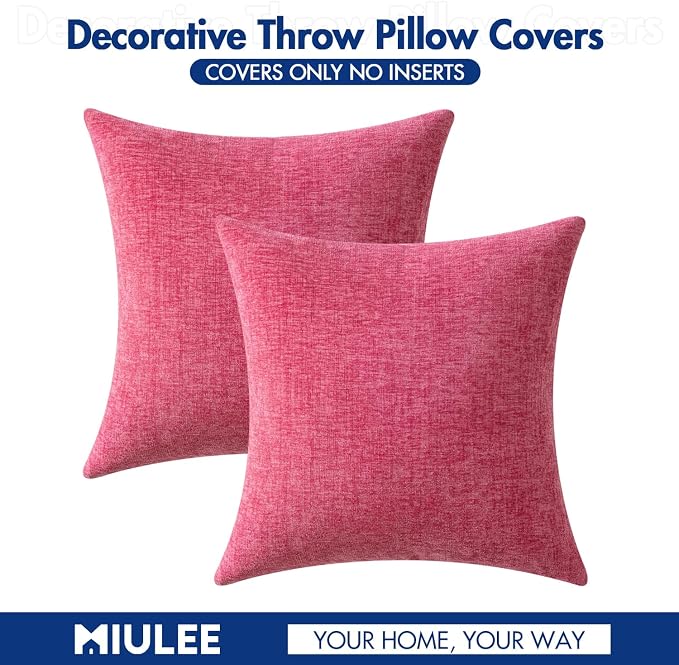 MIULEE Soft Chenille Throw Pillow Covers Hot Pink 20x20 Inch Pack of 2 | Modern Home Decor, Classic Decorative Pillows, Solid Dyed Cases, Boho Couch Cushion Covers for Sofa Bed Living Room