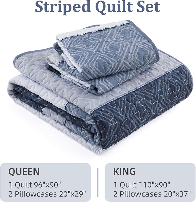 Cottolester Mineral Blue Queen Quilt Set,3 Pcs Boho Striped Plaid Bedspread | Ultra Soft Lightweight Coverlets Set for Men Women,Microfiber Summer Quilt Bedding Sets for All Seasons 96"x90"