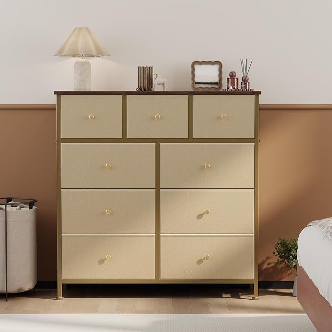 DUMOS 9 Drawer Dresser for Bedroom, Storage Organizer Chest of Drawers | Fabric Bins Storage Tower with Sturdy Metal Frame, Wood Tabletop for Closet, Khaki