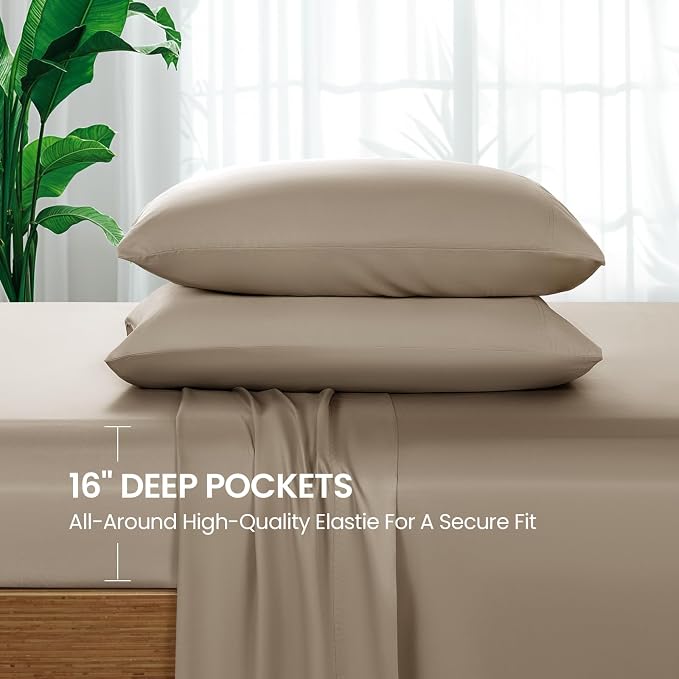 SONORO KATE 100% Viscose Derived from Bamboo_Sheets Full Size,4PC | Cooling Bed Sheets for Hot Sleepers,Soft Breathable & Silky,16" Deep Pocket,Luxury Hotel Bedding,Simply Taupe