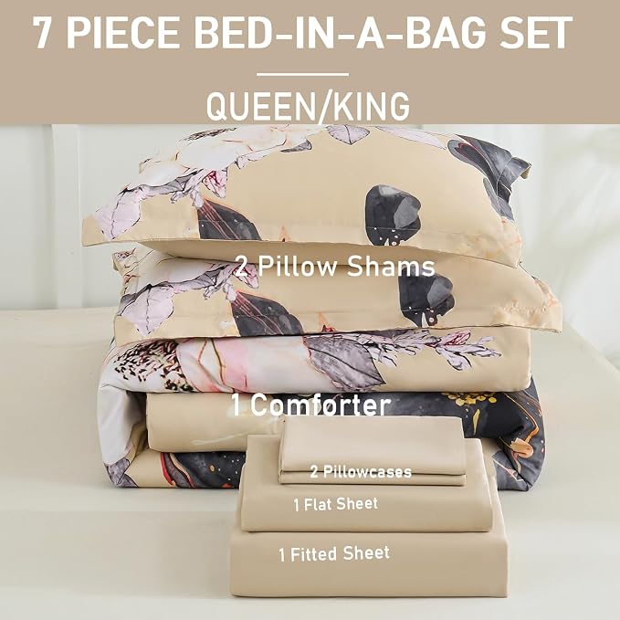 Yogeneg Queen Comforter Set 7 Piece Bed in a Bag,White Black Floral Botanical Pattern Khaki Bedding Set,Soft Microfiber Comforter with Sheet Set,All Season Bed Set(Khaki,Queen)