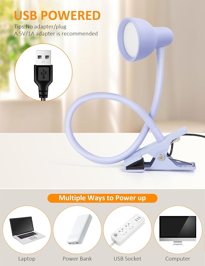 LiFMIRA Desk Lamp Clip on Lamp for Bed, LED Reading Light for Bed Purple | 3 Colors 10 Dimmable Brightness, LED Book Light for Reading in Bed Flexible Clip on Light Clamp Lamp for Bed Headboard Desk