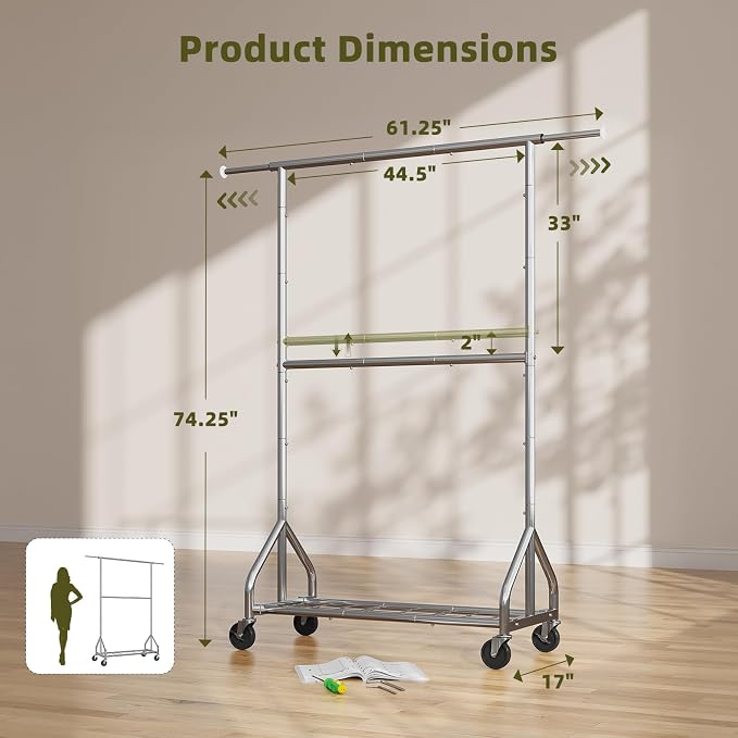 Simple Trending Double Rod Clothing Rack, Heavy Duty Clothes Rack, Chrome | Extendable Garment Rack, Freestanding Portable Closet with Wheels & Shelf, Adjustable Middle Rod, for Bedroom, Laundry