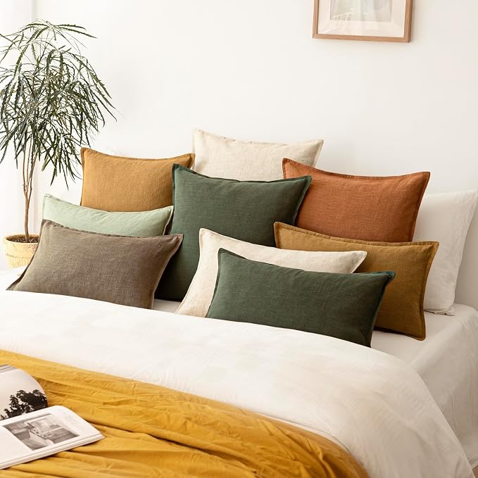 Foindtower Linen Solid Decorative Throw Pillow Cover 24x24 Inch Dark Green | Boho Farmhouse Morden Pillowcase,Pack of 2 Soft Accent Cushion Covers,Rustic Home Decor for Chair Couch Bedroom Living Room