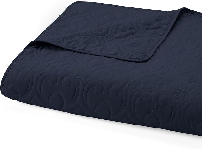 Merit Linens Classic Quilt Coverlet Soft Set in Damask Stitching - King/Cal-King Navy