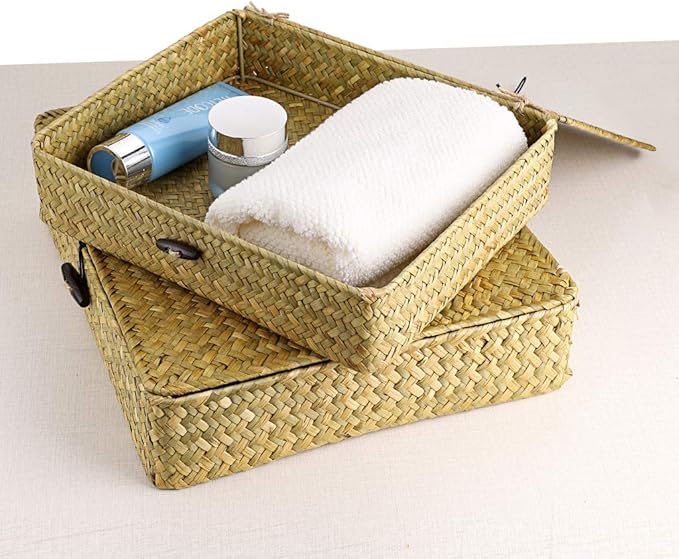 Hipiwe 2 Packs Flat Wicker Basket Box with Lid Woven Seagrass Storage Bins | Handwoven Basket Boxes for Shelf Organizing, Home Decorative Bins Box for Home Decor, Natural Color