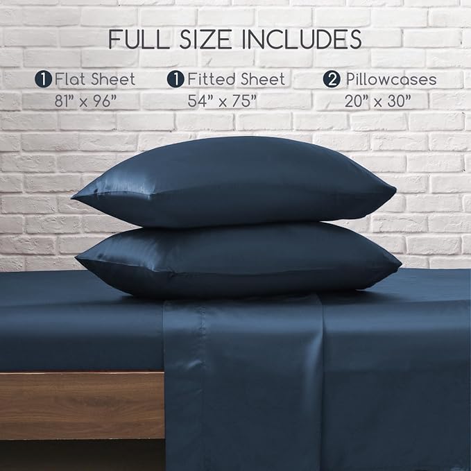 MR&HM Satin Sheets Full Size with Elastic Corner Straps, Mood Indigo | Similar to Silk, 4-Piece Silky Soft Bed Sheet Set, Gentle on Skin and Hair, 15" Deep Pocket, Cooling & Breathable
