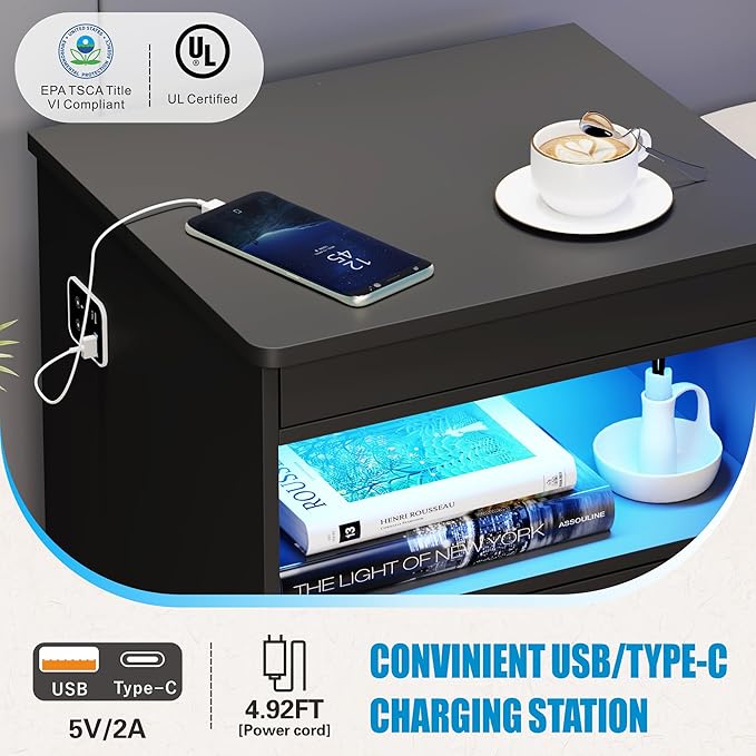 FREDEES LED Nightstand with Gun Drawer & Charging Station | 3-Color Lights & Human Body Sensor, Smart USB Type-c, 2 Drawers Hidden Storage, End Table Bedroom Livingroom