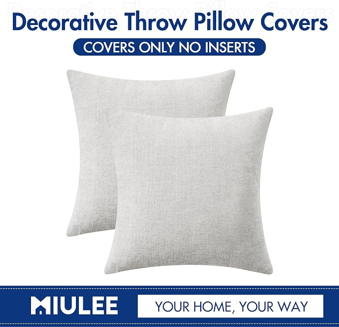 MIULEE Soft Chenille Throw Pillow Covers Light Gray 18x18 Inch Pack of 2 | Modern Home Decor, Classic Decorative Pillows, Solid Dyed Cases, Boho Couch Cushion Covers for Sofa Bed Living Room