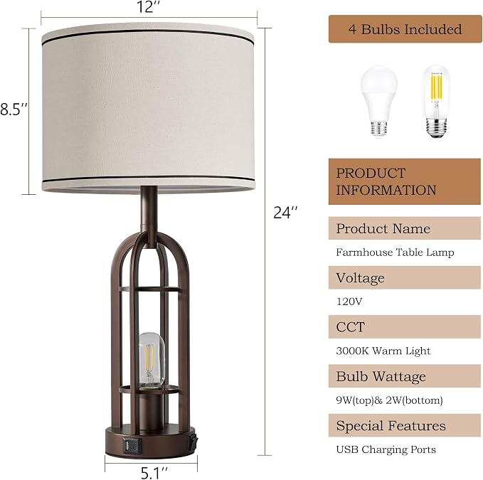 SRJJA Farmhouse Table Lamps for Living Room Bedroom Set of 2 - Rustic Industrial Bedside Lamps for Night Stands with USB A+C, 24" Vintage Nightstand Lamp with Night Light, Bulbs Included