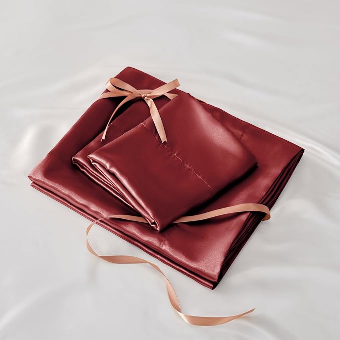 BEDELITE Satin Sheets King Size Bed Set, Burgundy, 4 Pieces | Luxury Silky Bed Sheets, 15 Inch Deep Pocket, Similar to Silk, Soft and Cooling, Reduces Friction, Gentle on Hair and Skin