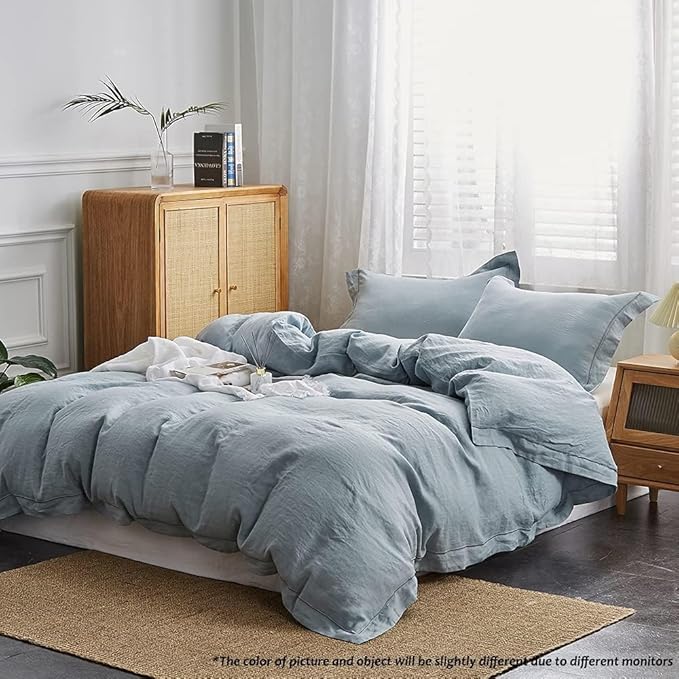 Simple&Opulence 100% French Linen Duvet Cover Set with Embroidered,3 Pcs Washed Soft Farmhouse Bedding Set with Button Closure,1 Comforter Cover and 2 Pillowshams(King,Dusty Blue)