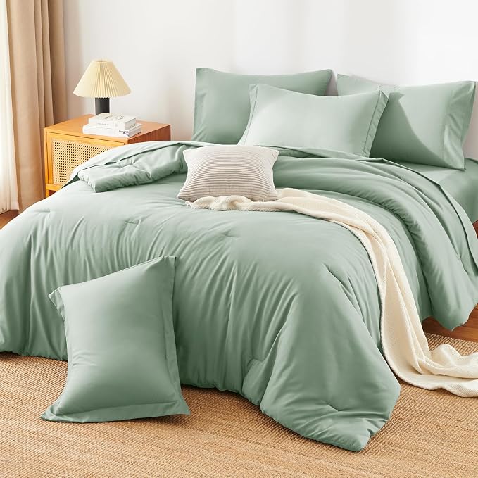 HIMEET Queen Comforter Set, 7-Piece Point-Quilted Bed in a Bag Sage Green | OEKO-TEX Certified, Lightweight 240 GSM Comforter, Flat Sheet, 14-Inch Deep-Pocket Fitted Sheet, Pillowcases & Shams