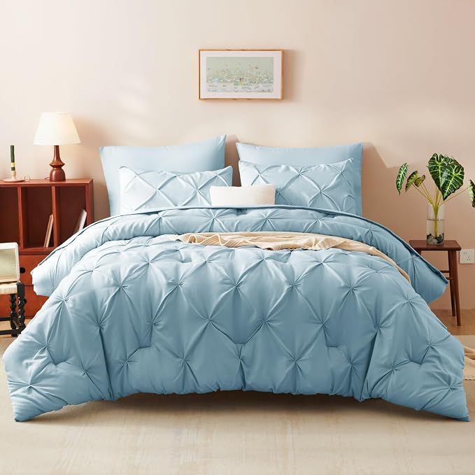 HIMEET Queen Comforter Set Light Blue - 7 Pieces Pintuck Bed in a Bag | OEKO-TEX Certified, 240GSM Down Alternative Comforter, 14" Deep Pocket Fitted Sheet + Flat Sheet + 2 Pillowcases + 2 Shams