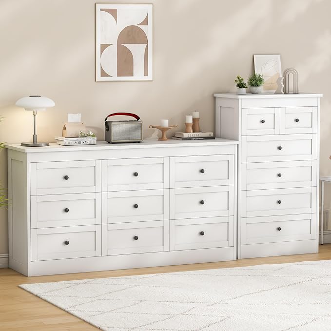 wanan 9 Drawer Dresser for Bedroom, White Modern 59'' Wide Wood Chest of Drawers, Dresser TV Stand, Storage Organizer with Metal Handles for Living Room, Hallway, Entryway