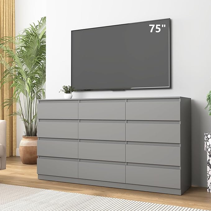 Vibe & Dine 12 Drawer Dresser, 59.1" Large Dresser for Bedroom Free Handle, Modern Wooden Chest of Drawers with Wide Storage for Living Room, Grey