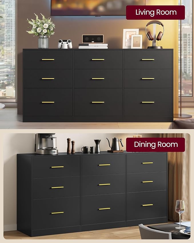 VASAGLE 9-Drawer Dresser, Chest of Drawers, 63.1 x 15.8 x 30.7 Inches | Bedroom chest of drawers, Ink Black, Custos Collection, ULTS419BC01S