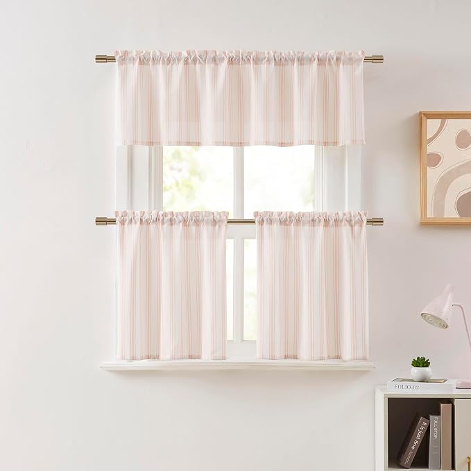ZJDECOR Cotton Blended Pink Vertical Stripe Tiers Panels,27" Wx24 Lx1 | Cafe Curtains,Semi Sheer,Rod Pocket,Cotton Blended Tiers,Cottage Farmhouse Rusitc,Kitchen Bathroom RV Window Treatment