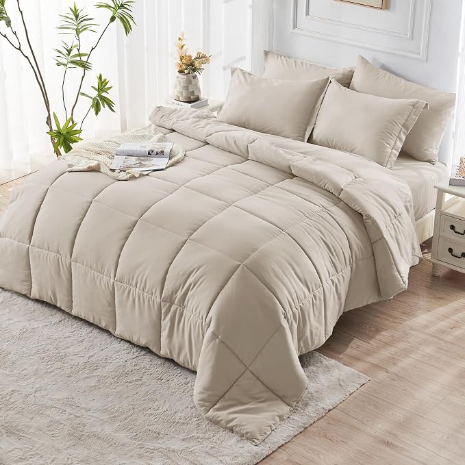 JOLLYVOGUE Twin Comforter Set, Ultra-Soft Bed in a Bag Twin Size 5 Pieces, Oeko-TEX Certified Bedding Set with Down Alternative Comforter, Sheets, Pillowcases & Shams, Oatmeal