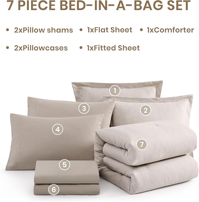 Monbix King Size Comforter Set 7 Pieces Oatmeal Beige Bed in a Bag | Cationic Dyeing Reversible All Season Bedding Sets with Comforter, Sheets, Pillowcases & Shams