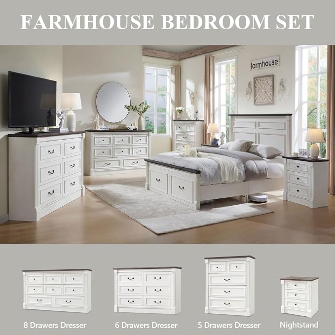 Aitjunz Farmhouse 47'' Wide 6 Drawer Dressers for Bedroom, Antique White | Chests of Drawers w/Roman Columns, Horizontal Wooden TV Stand Dresser w/Metal Handle for Bedroom, Hallway, Living room