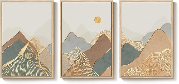 Framed Boho Abstract Modern Neutral Mountain Wall Art Bedroom, 16x24 Inch | 3 piece, Wall art for living room, Landscape pictures, Canvas artwork, Minimalist, Dining room wall art, Ready to hang